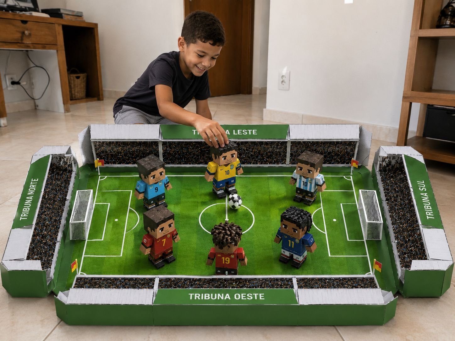 Criança brincando com o mini estádio papercraft montado